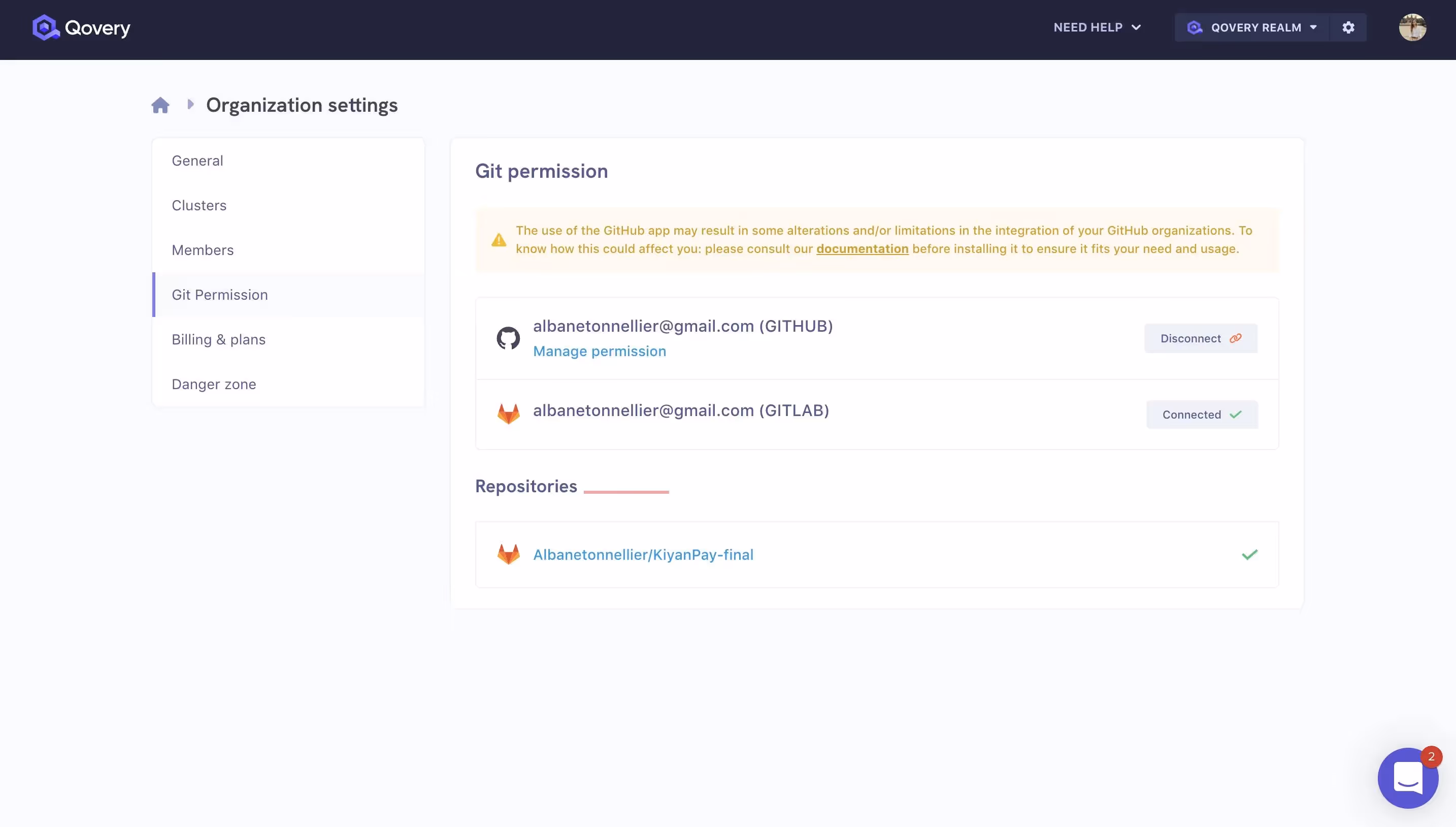 Handle permission per repository panel