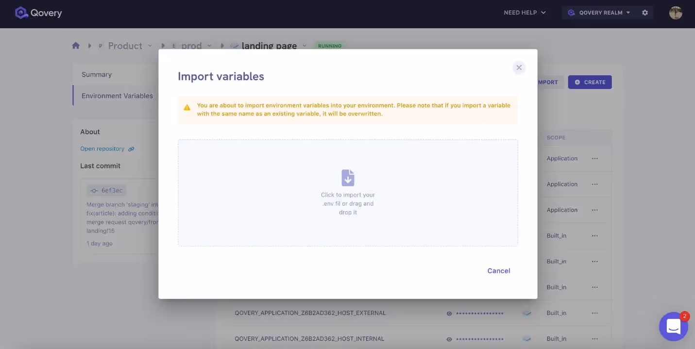 Import environment variable and secrets page