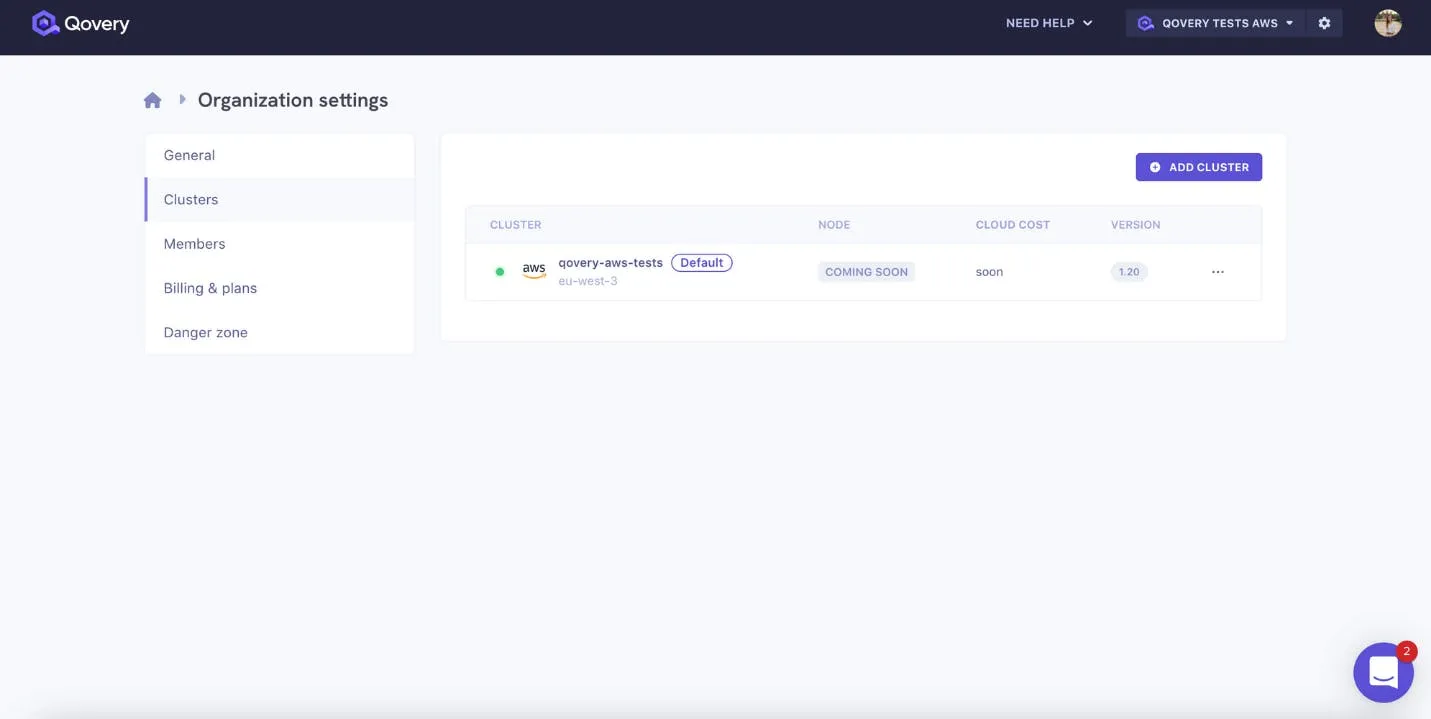 Default cluster shown in the Qovery console