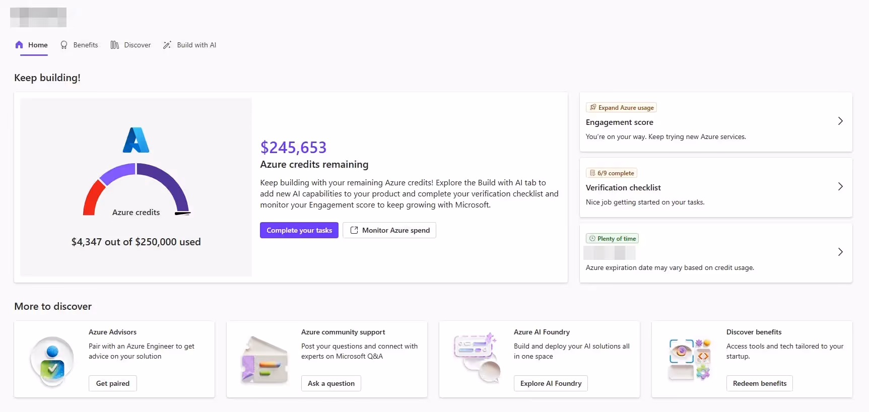 Microsoft Azure credits dashboard