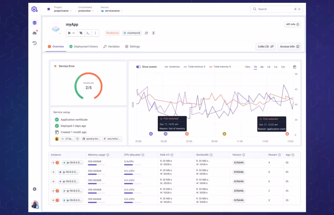 Qovery observability - application view