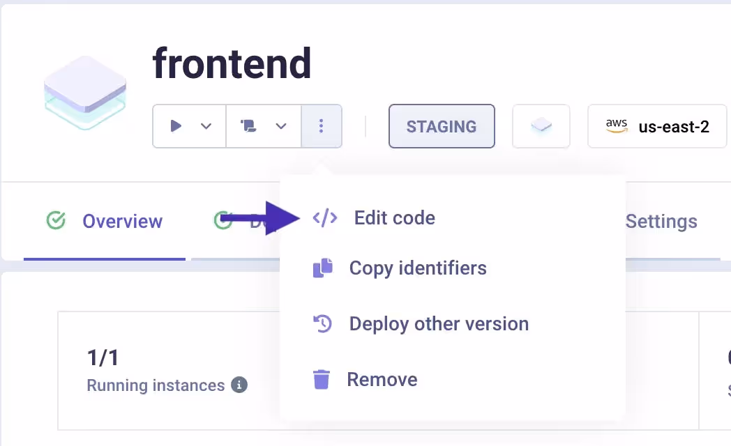 Qovery interface - "Edit code" button opens Gitpod