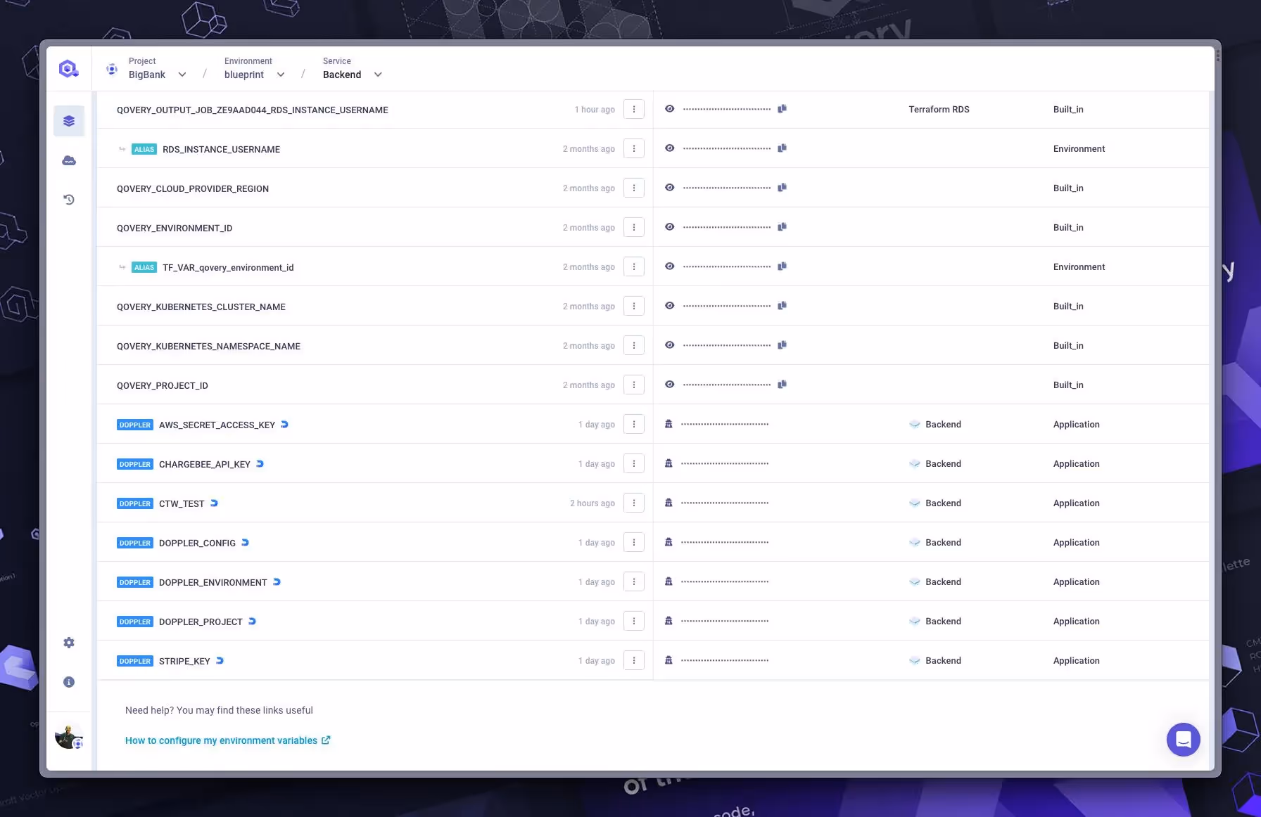 Synchronized secrets from Doppler have a label "Doppler" next to them