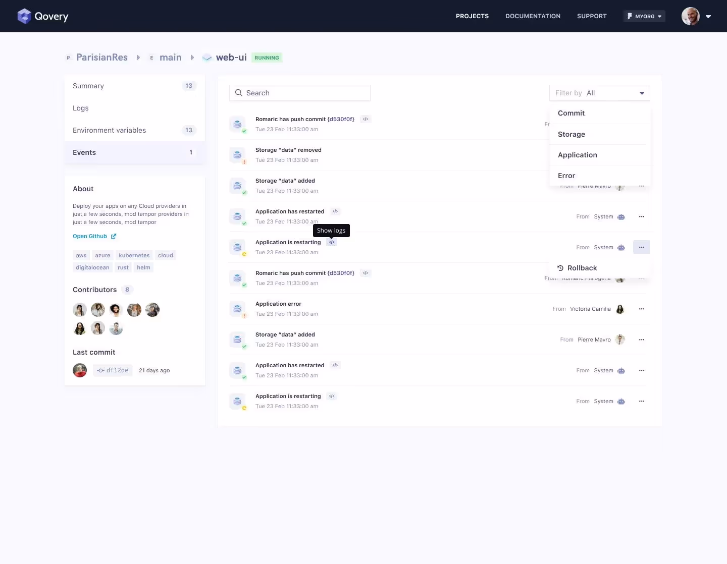 You can quickly show your app events - Qovery