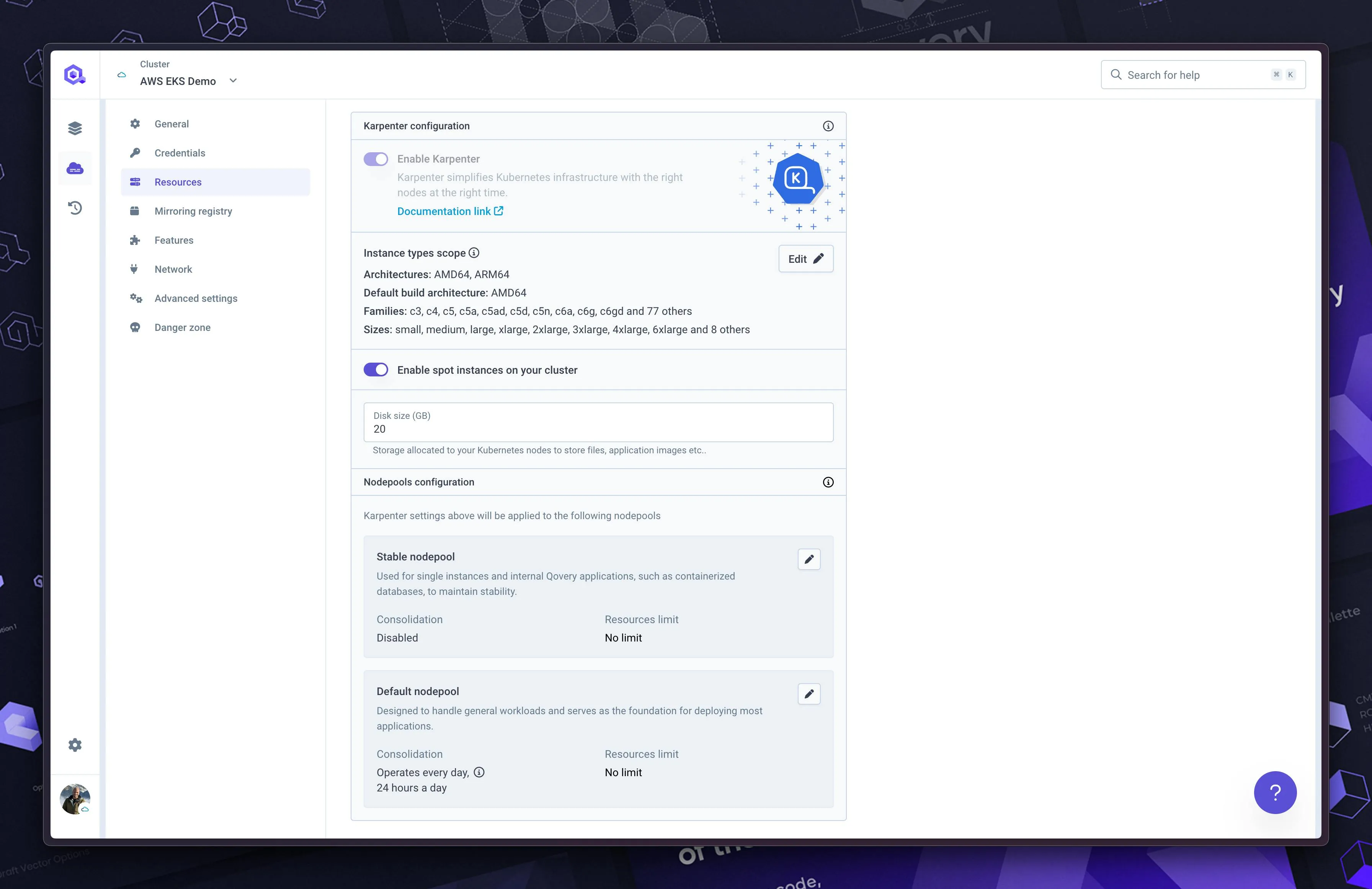 Karpenter configuration via Qovery web interface