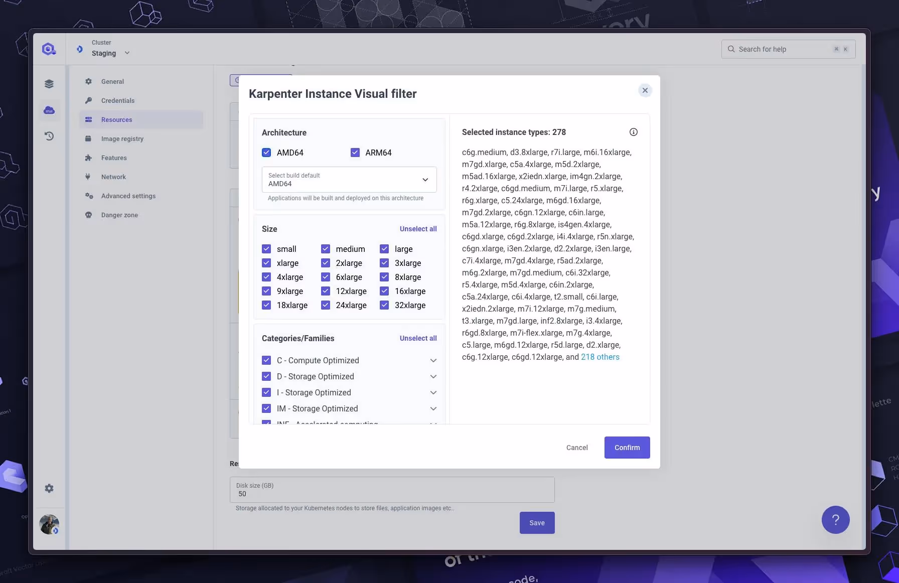 You can filter the type of instances on multiple criteria (CPU arch type, size, categories of instances..)