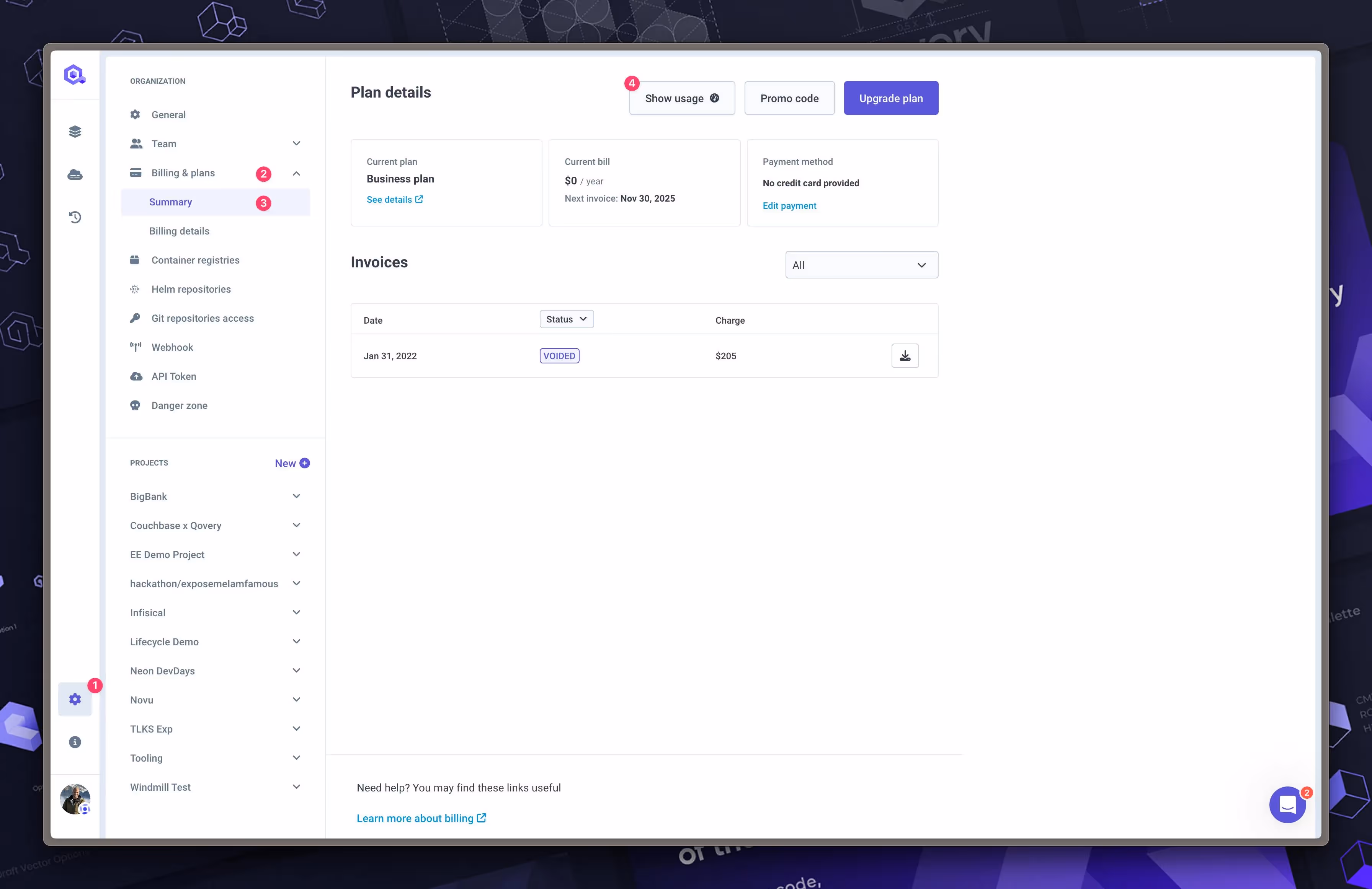 Getting access to the Qovery usage billing dashboard from Qovery web console