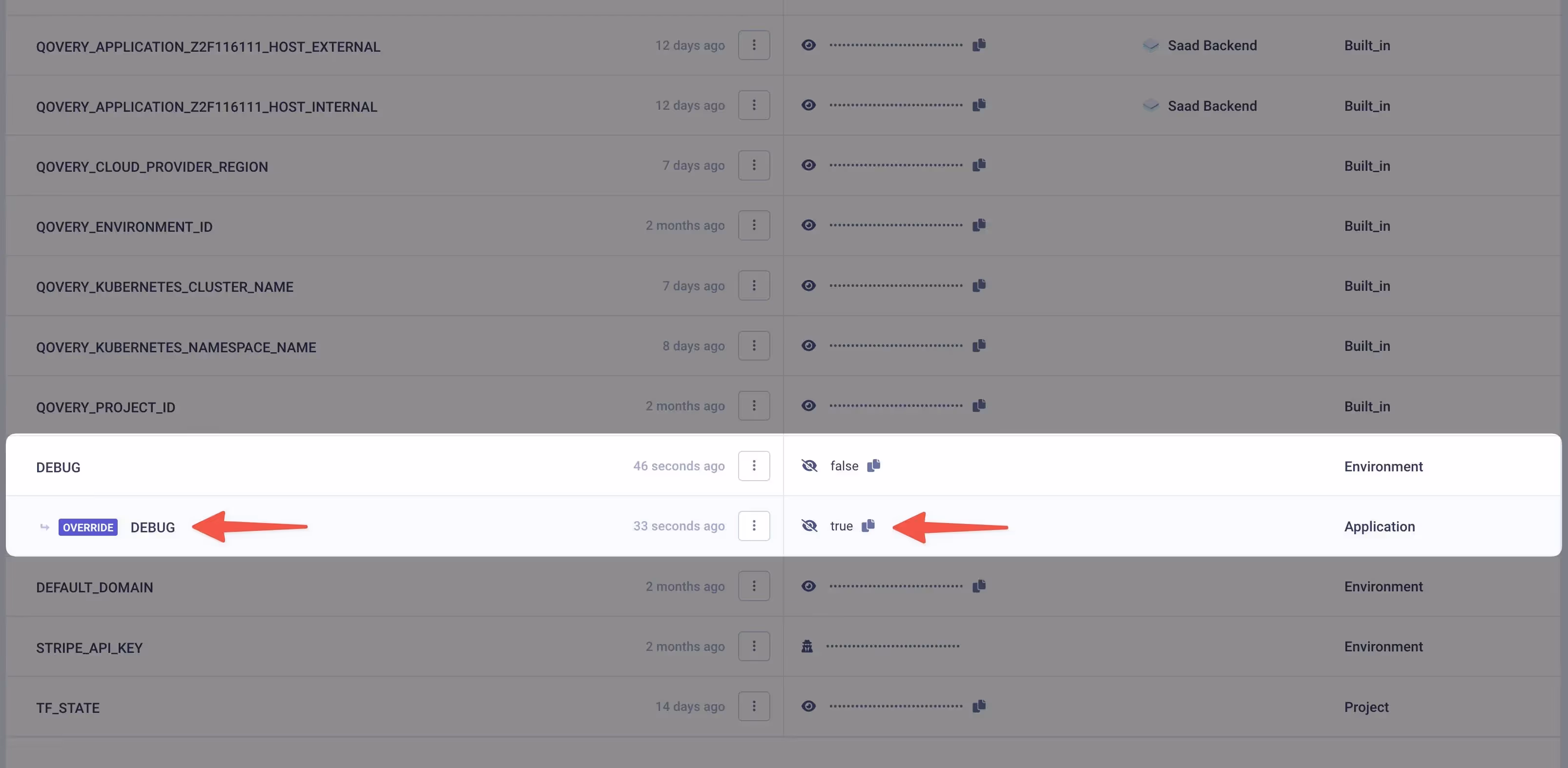 Here we override the value (false) of the "debug" environment variable with another value (true)