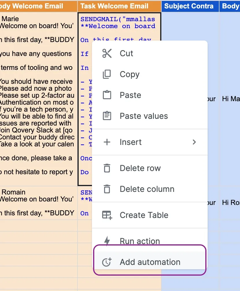 Google sheet: How to schedule your activities by choosing  “add automation” in the drop-down menu.