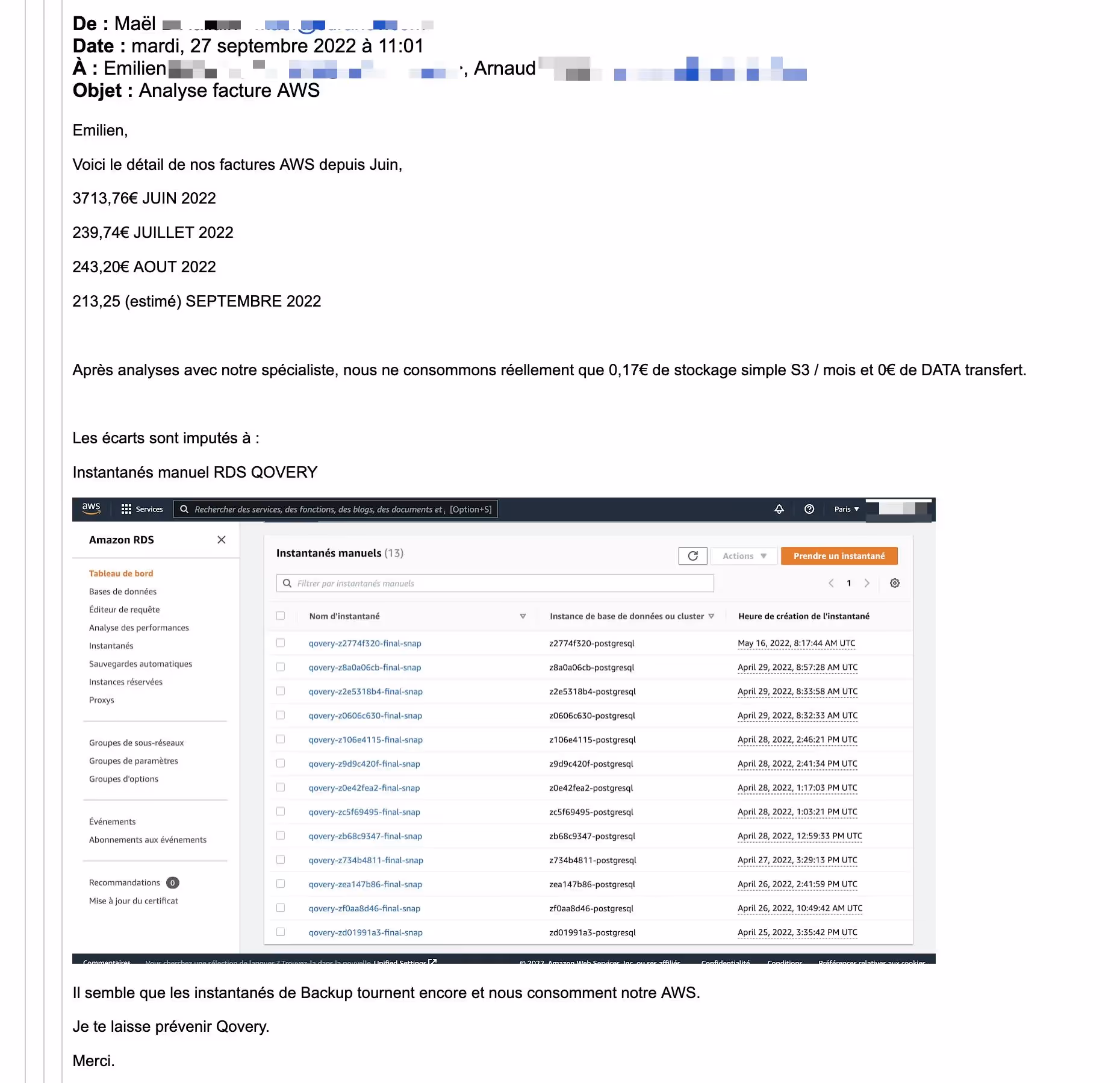 Email from the customer (in French) explaining that they are some extra costs on RDS implied by Qovery