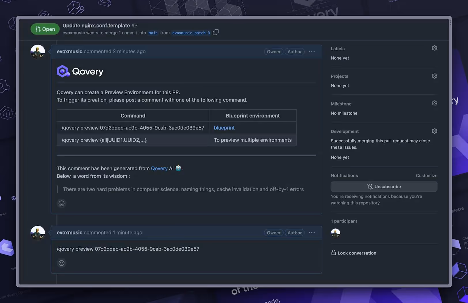 "Create On Demand" right from GitHub Pull Request - We can manually trigger the deployment with /qovery command