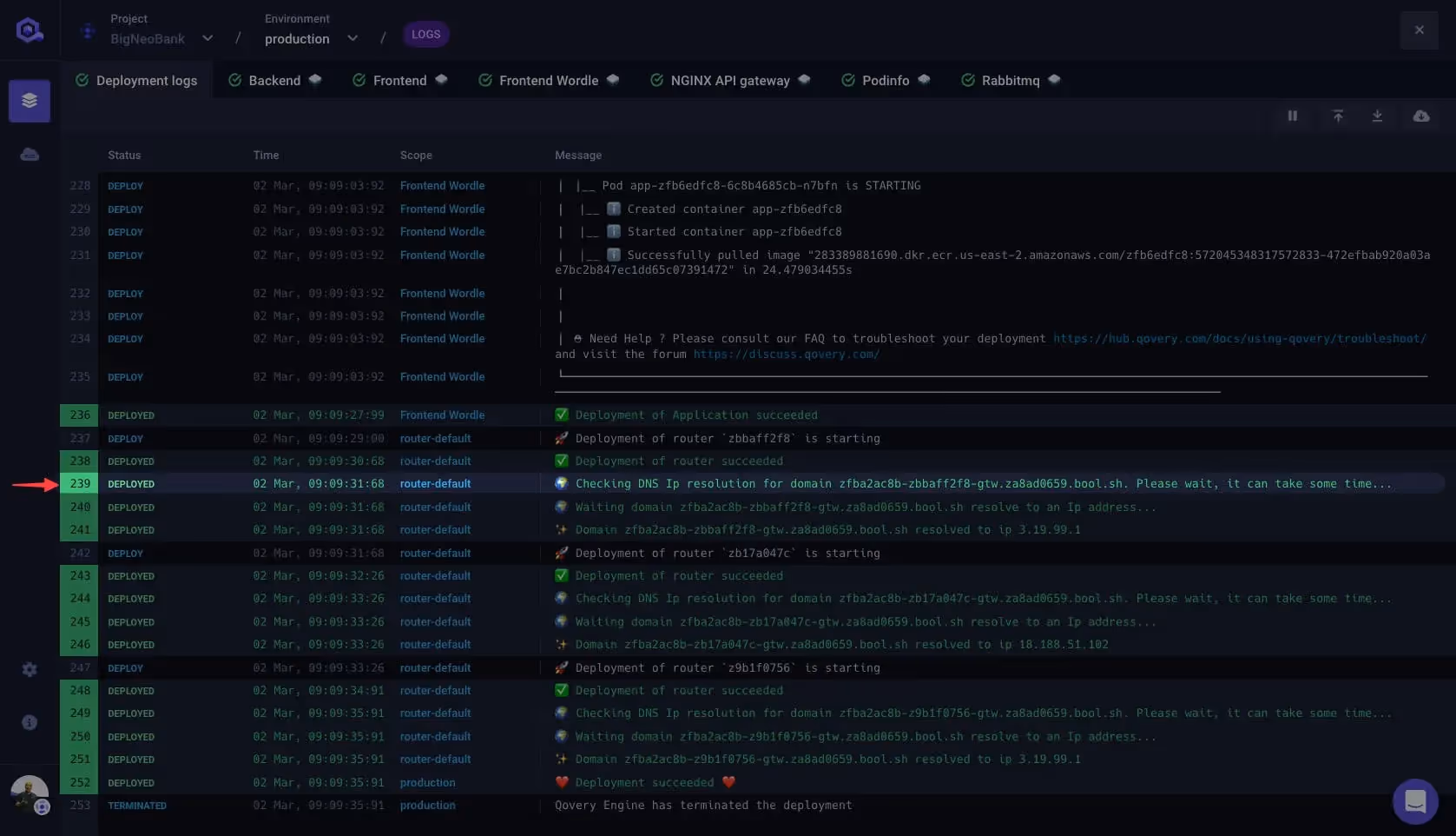 Deployment logs view from the Qovery Web Console