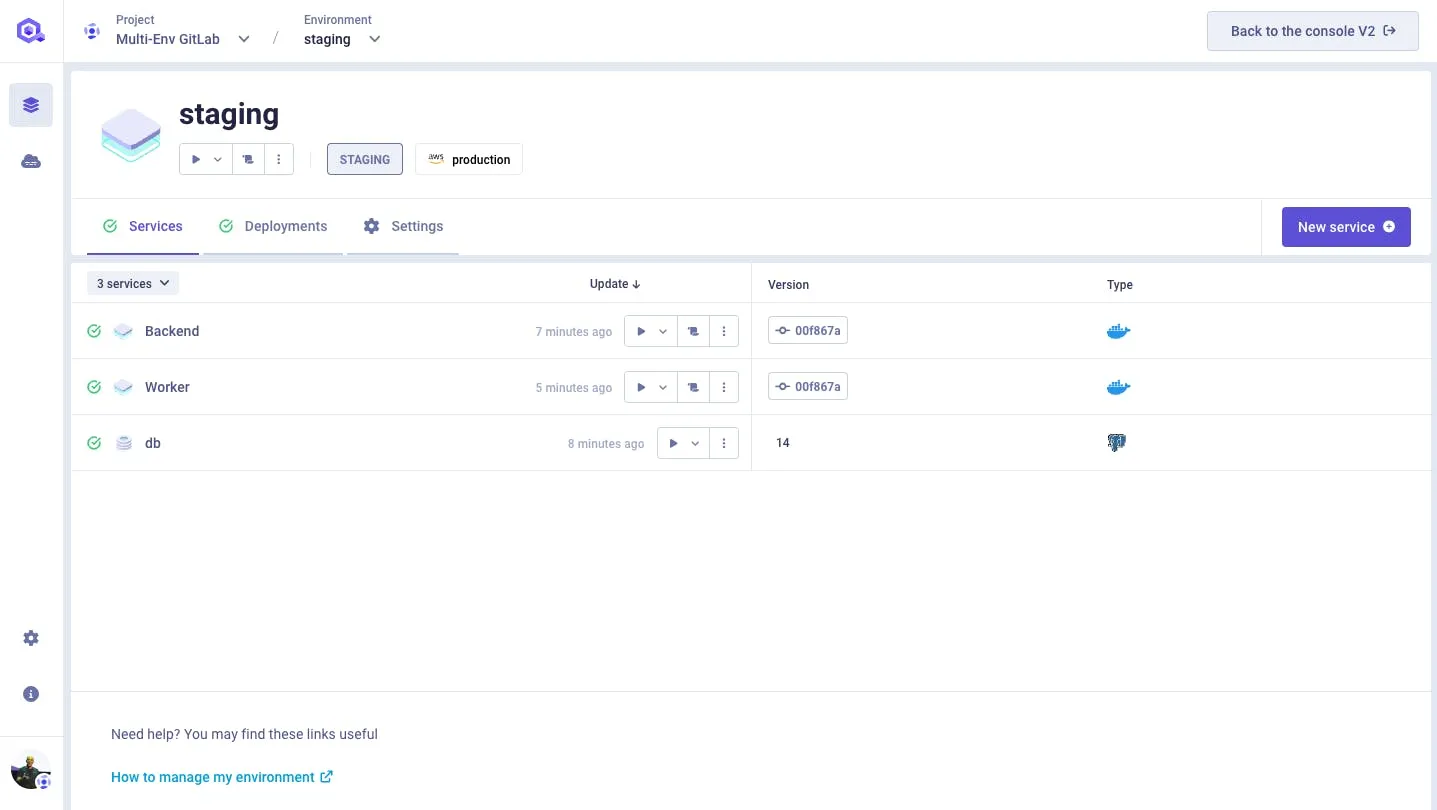 2 Applications from GitLab and 1 PostgreSQL database within our Staging environment