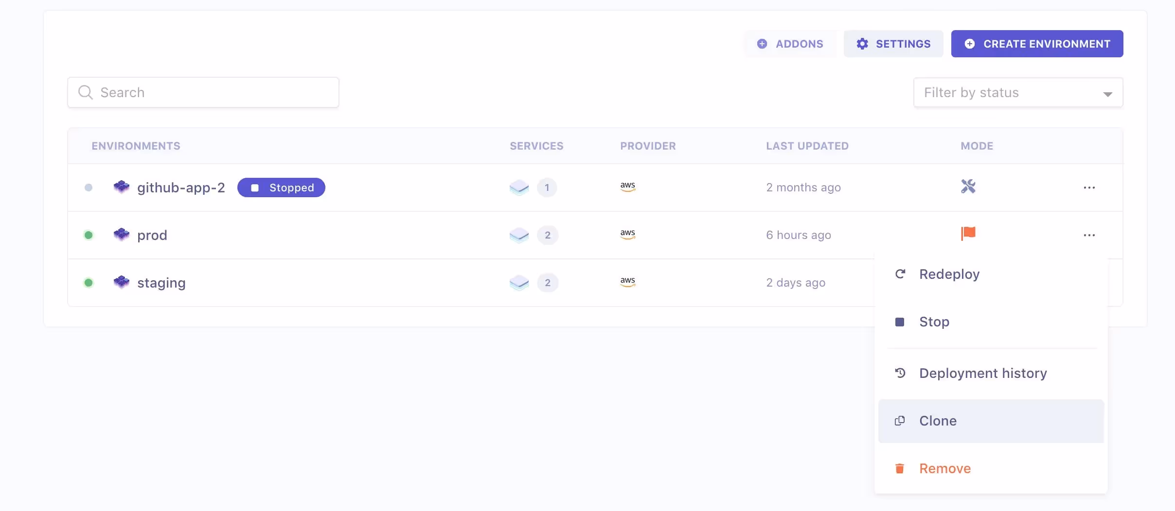Cloning environment panel 