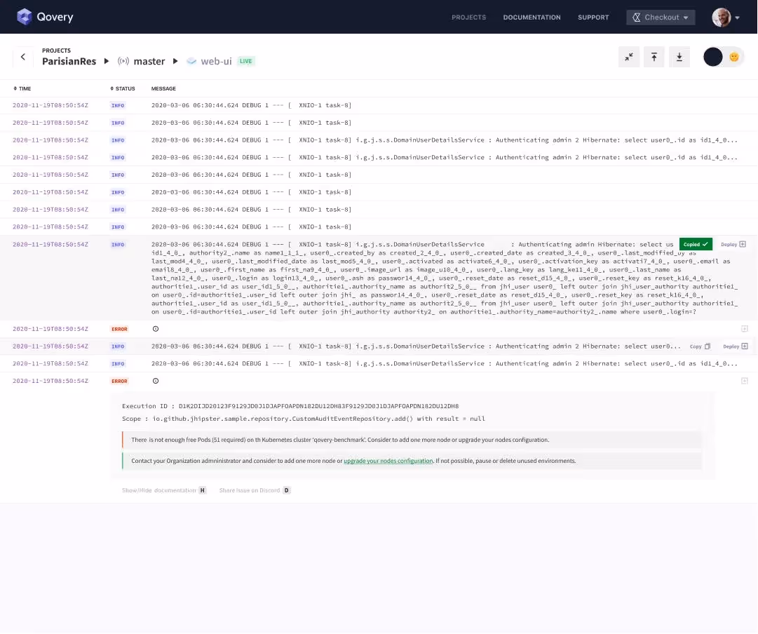 Light Qovery logs interface