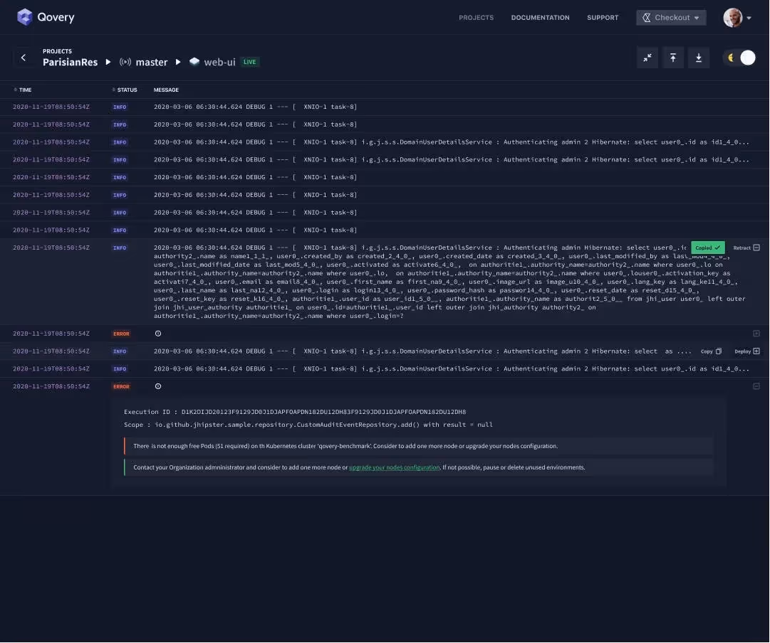 Dark Qovery logs interface