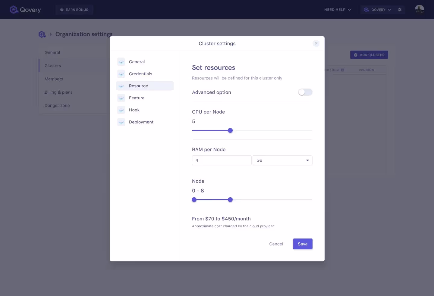 Configure the resources of your cluster and set your AWS credentials