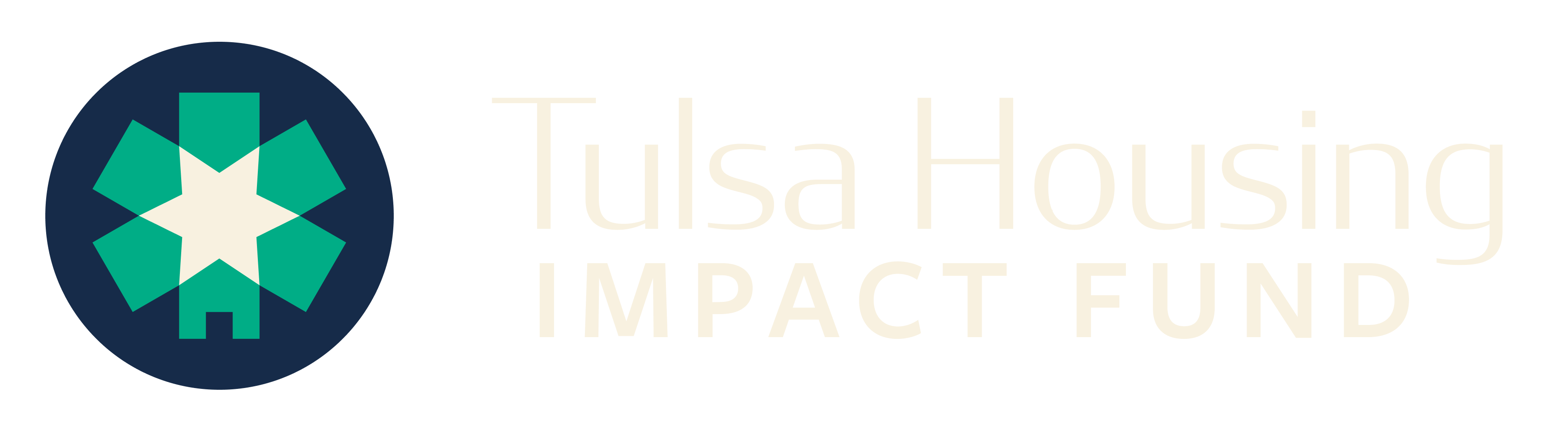 The iconmark for Tulsa Housing Investment Fund. A navy circle containing a series of green house shapes rotated around a white Tulsa star (6-pointed star). To the right of it is the wordmark, which reads "Tulsa Housing Investment Fund".