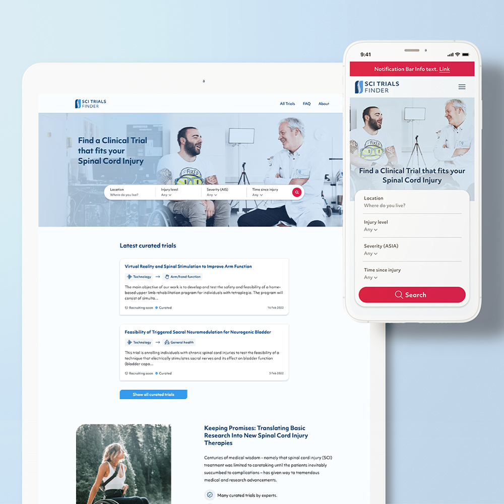 SCI Trial Finder Startseite Mockup, Desktop & Mobile, auf hellblauem Hintergrund 