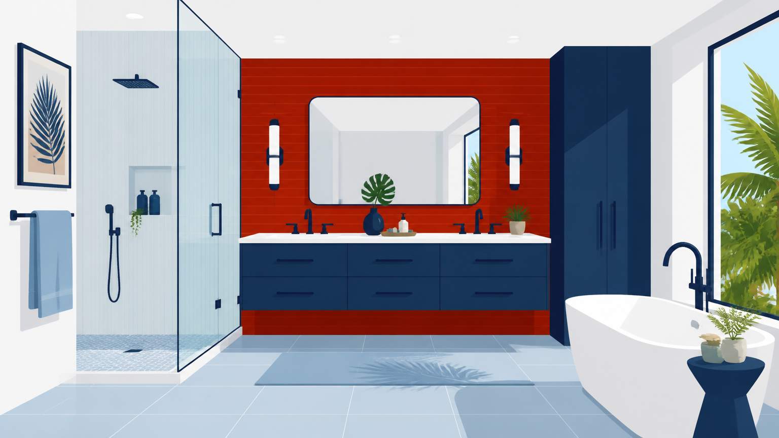 Avoid bright green, muddy yellow, cool gray, dark green, terracotta, and dark plum in South Florida bathrooms to keep light, mood, and moisture control in check.