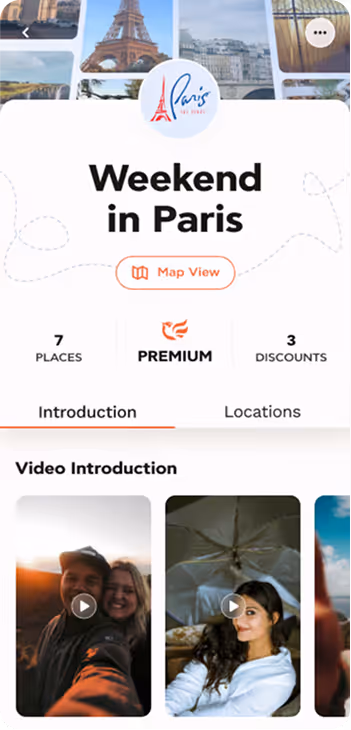 Mobile app screen titled 'Weekend in Paris' showing 7 places, premium badge, 3 discounts, and video introduction thumbnails of people in various settings.