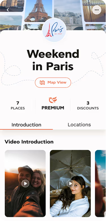 Mobile app screen titled 'Weekend in Paris' showing 7 places, premium badge, 3 discounts, and video introduction thumbnails of people in various settings.