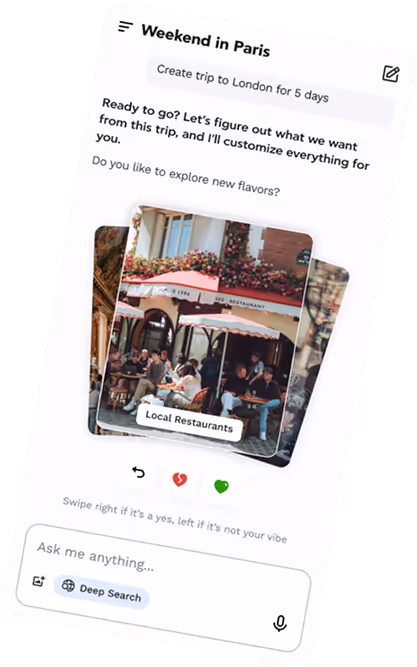 Mobile app screen titled 'Weekend in Paris' showing an option to create a trip to London for 5 days, with a photo of people dining at a local restaurant and interactive swipe buttons for user preferences.