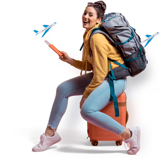 Smiling young woman with a large backpack sitting on an orange suitcase holding a phone, with two small airplane icons nearby.