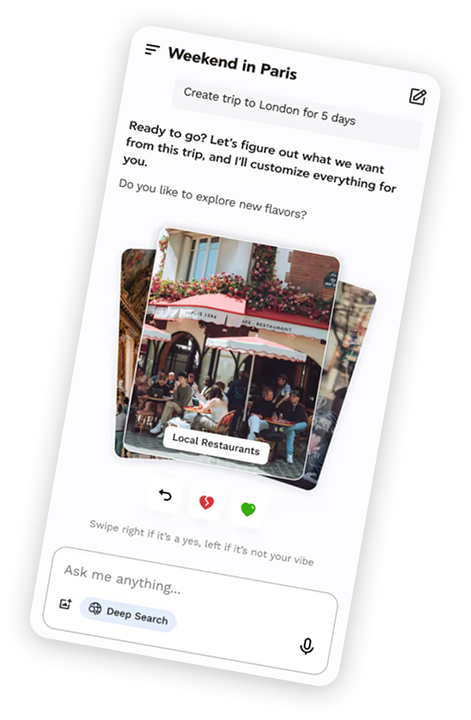 Mobile app screen titled 'Weekend in Paris' showing an option to create a trip to London for 5 days, with a photo of people dining at a local restaurant and interactive swipe buttons for user preferences.