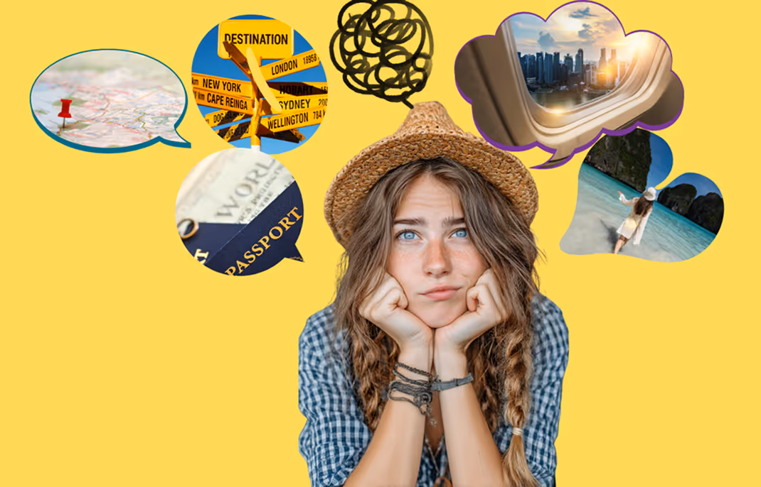 Thoughtful young woman wearing a straw hat, surrounded by travel-related images including a map with a pin, destination signpost, passport, city skyline from airplane window, and beach scene.