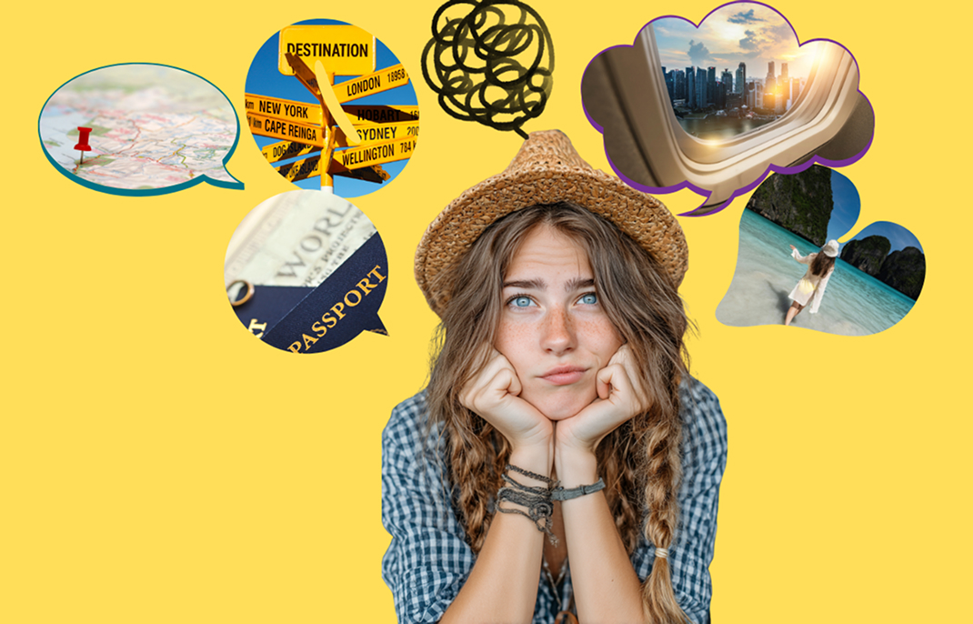 Thoughtful young woman wearing a straw hat, surrounded by travel-related images including a map with a pin, destination signpost, passport, city skyline from airplane window, and beach scene.