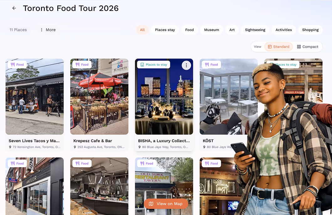 image of a non binary person smiling infront of the personifai dashboard showing various travel locations