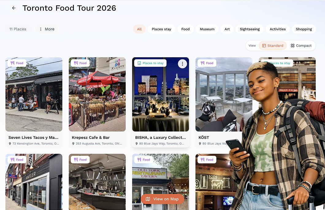 image of a non binary person smiling infront of the personifai dashboard showing various travel locations