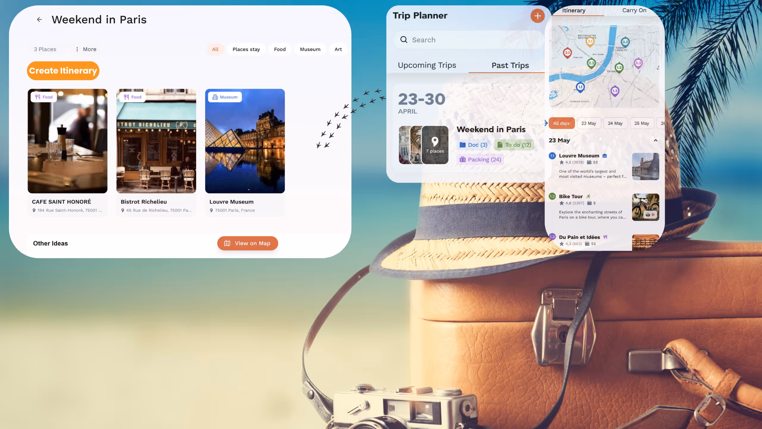 Travel planning app screens showing a weekend itinerary in Paris with places to eat and visit, and a trip planner with a map and daily schedule.