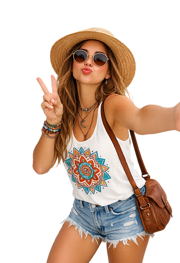 Young woman wearing a straw hat, sunglasses, and a white tank top with a colorful mandala print, making a peace sign and taking a selfie.
