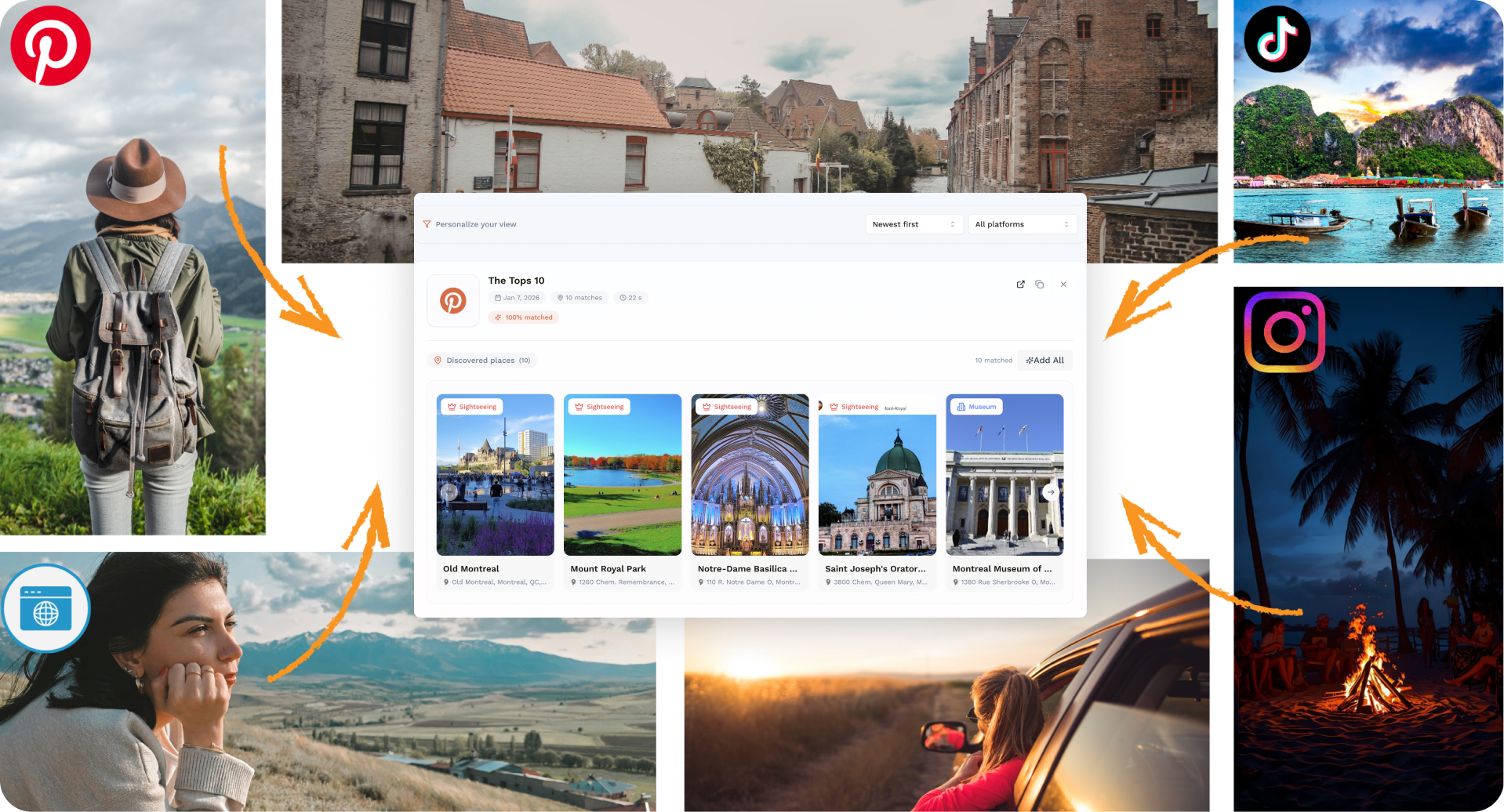 Collage of travel and leisure photos surrounding a digital interface displaying top travel destinations; includes a hiker with a backpack, woman looking over a valley, tropical boats, a beach bonfire, and a person driving a car at sunset, with Pinterest, TikTok, Instagram, and a globe icons.