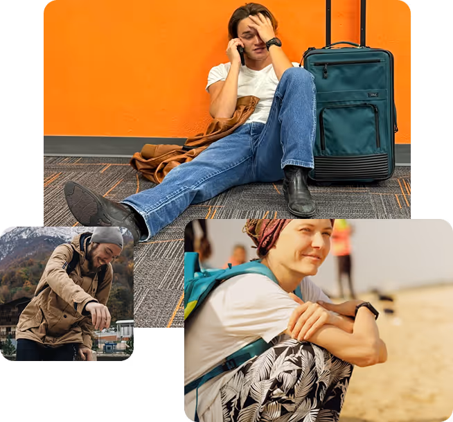 Collage of three images: a young person sitting on the floor in front of an orange wall talking on a phone next to a green suitcase, a man in a brown jacket and beanie smiling outdoors, and a young person with a backpack sitting on a beach.