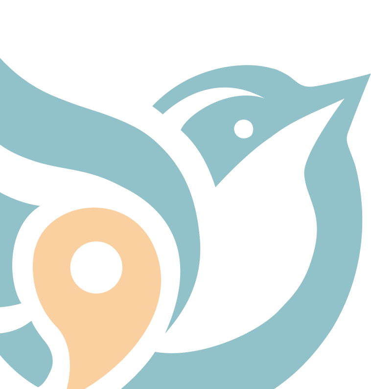Abstract logo combining a blue bird and an orange location pin.