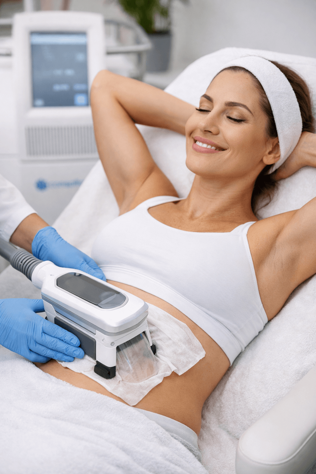 Provider performing Coolsculpting in Bend, Oregon on abdominal area at Renew Esthetics & Med Spa