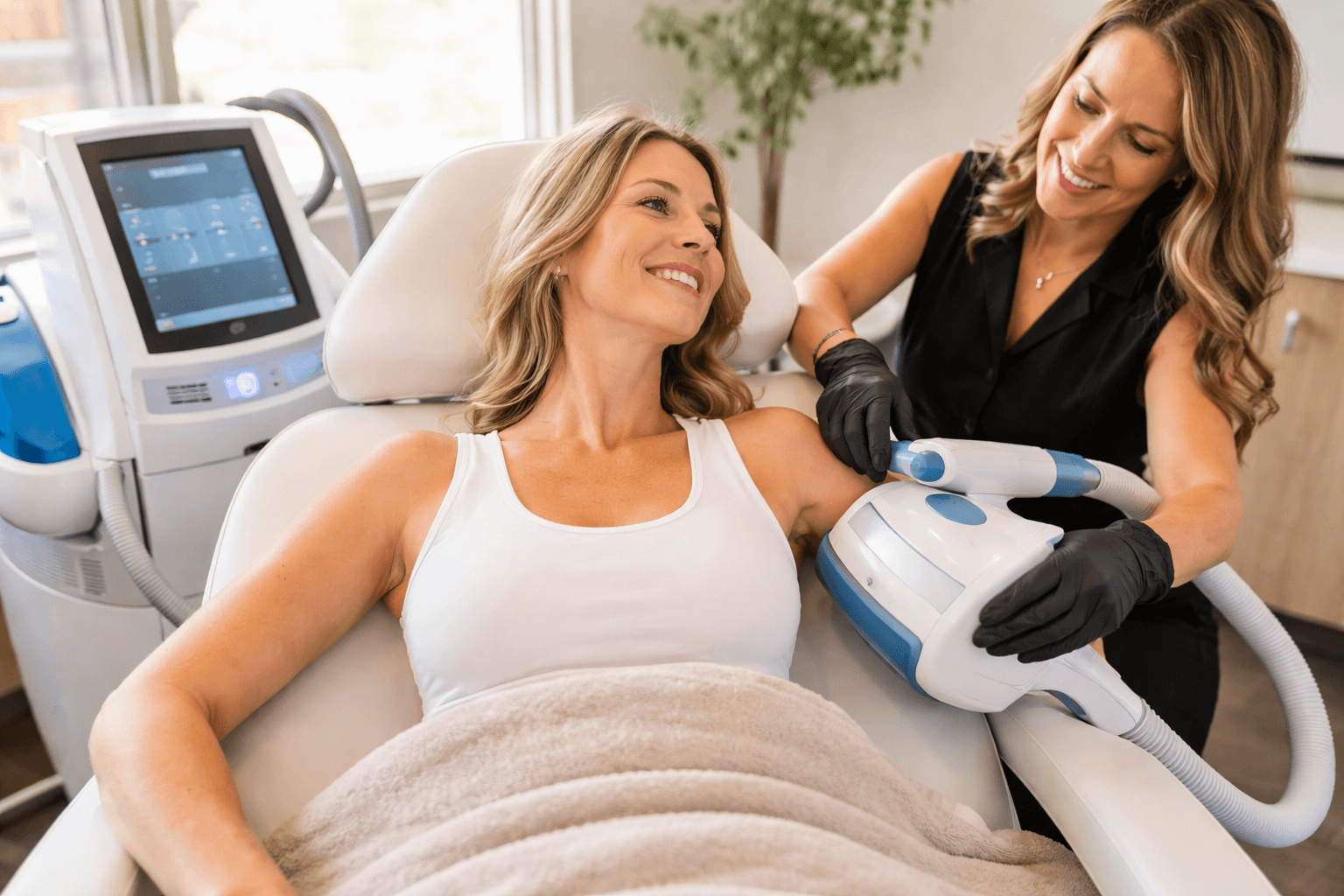 Patient receiving CoolSculpting Arms treatment with CoolSculpting Elite device in Oregon medical spa setting