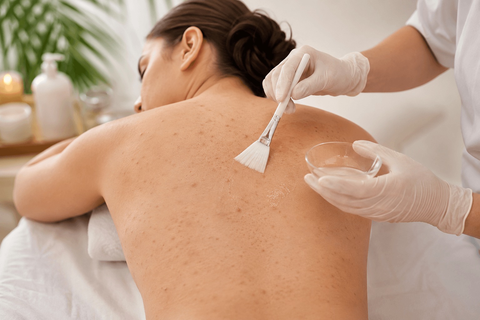 Adult receiving a professional back clarifying treatment for acne-prone skin at Renew Esthetics & Med Spa in Redmond, Oregon.