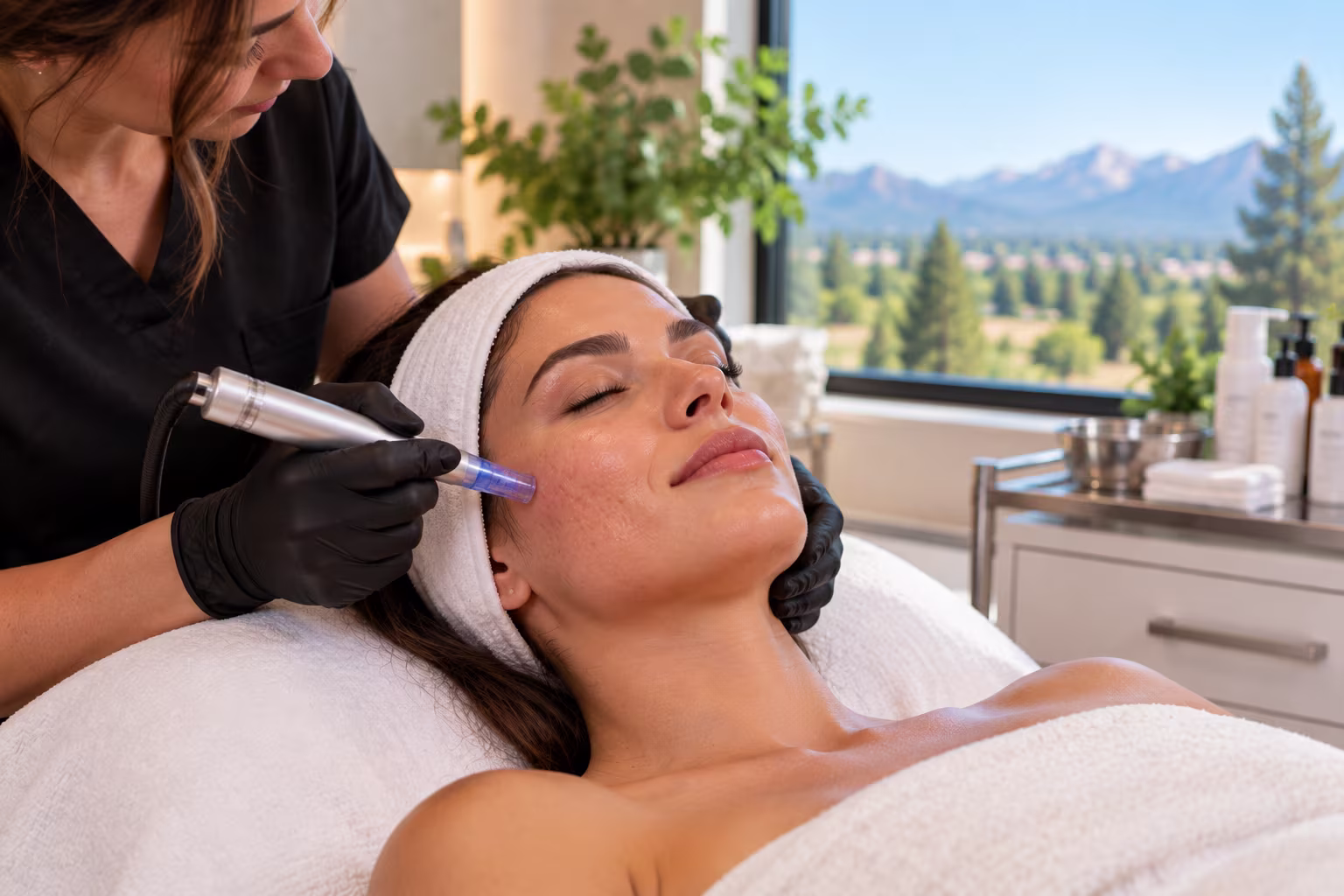 Woman receiving microneedling treatment for acne scars at a med spa in Redmond, Oregon