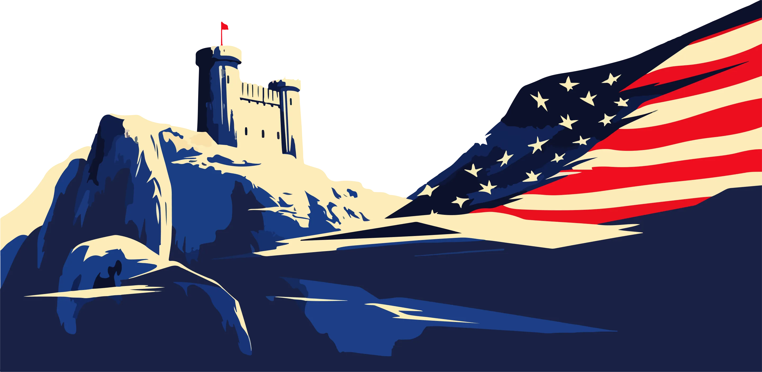 Illustration of a fortress structure with an American flag in the background