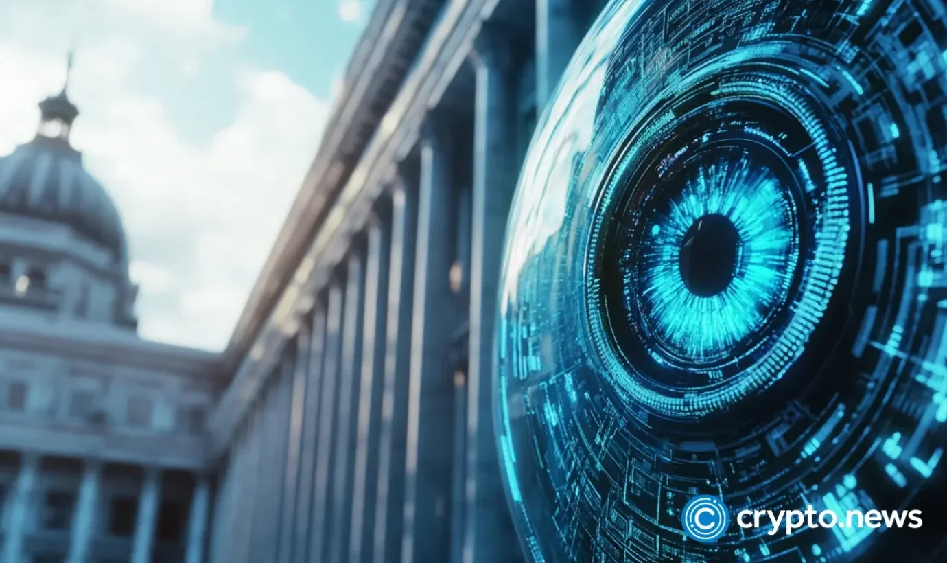 Futuristic blue cyber eye superimposed on classical building pillars