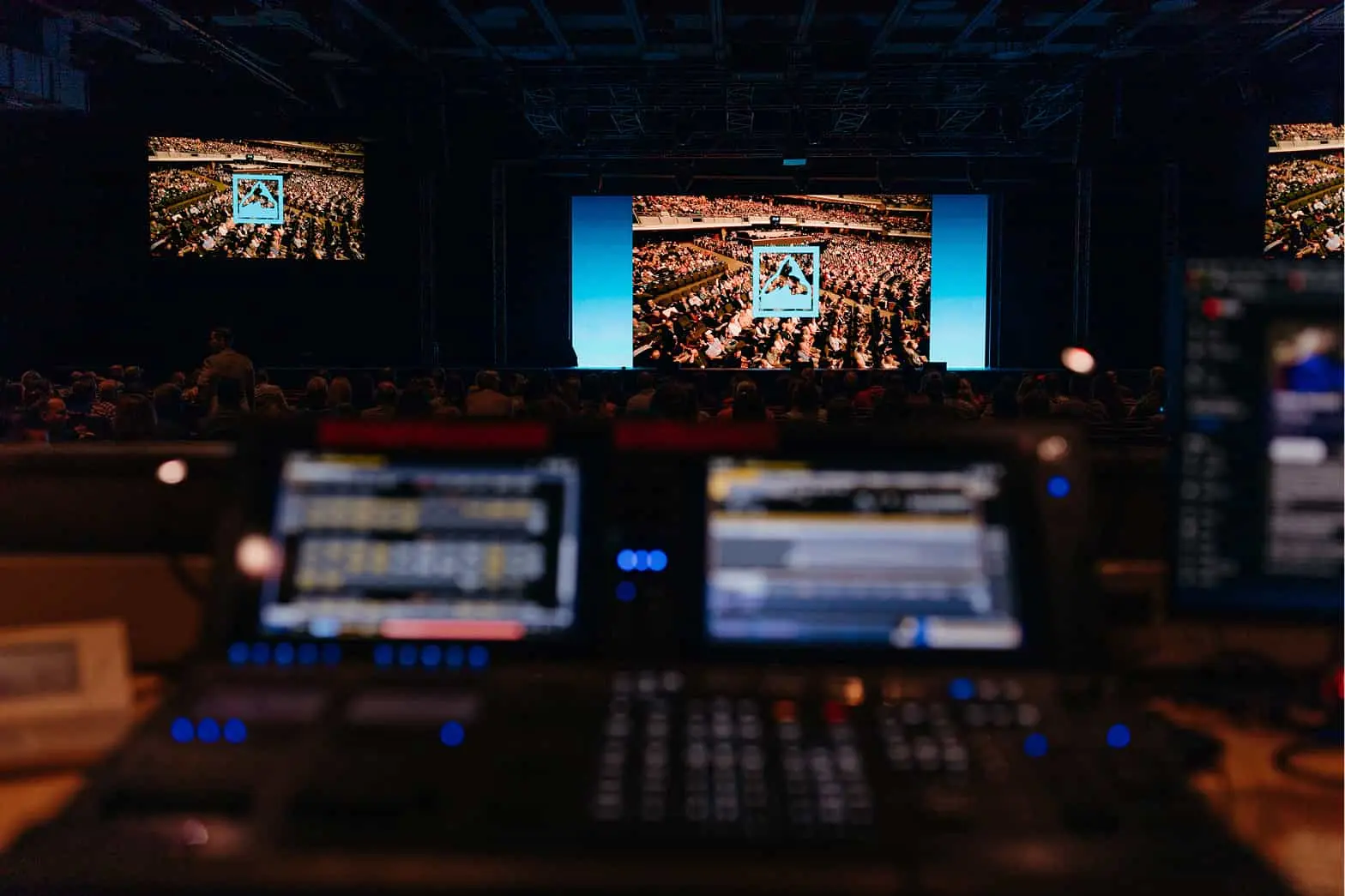 Audio section of church showing large screen display