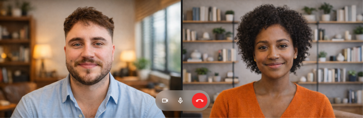 Split-screen view of a man and a woman in a video call, with call control icons between them.