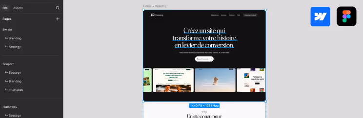 Screenshot of a desktop website design with a dark header containing French text about creating a website to transform stories into conversion, and three preview panels below the header.
