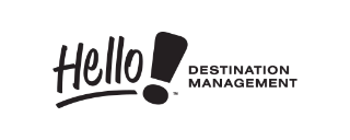 Wordmark ‘hello!’ in a playful font followed by the text ‘Destination Management’ in smaller type.