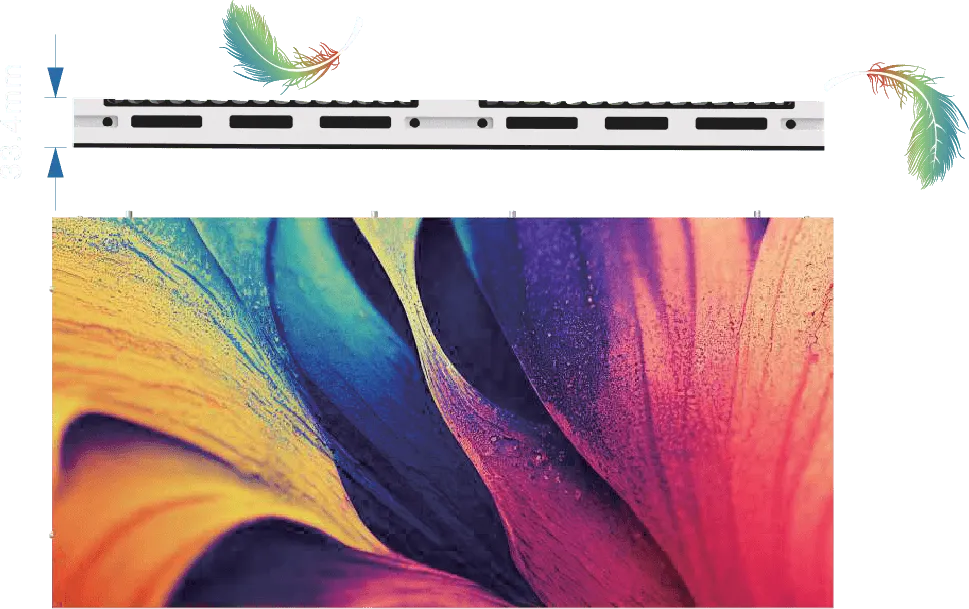Side profile of a 101/201 Series cabinet measuring 33.4 mm thick, shown beside a feather