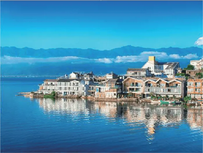 Hanging LED video wall installation displaying a coastal town